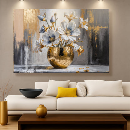 Magnolia bloom in gold abstract canvas wall art — floral botanical decor, gallery-wrapped