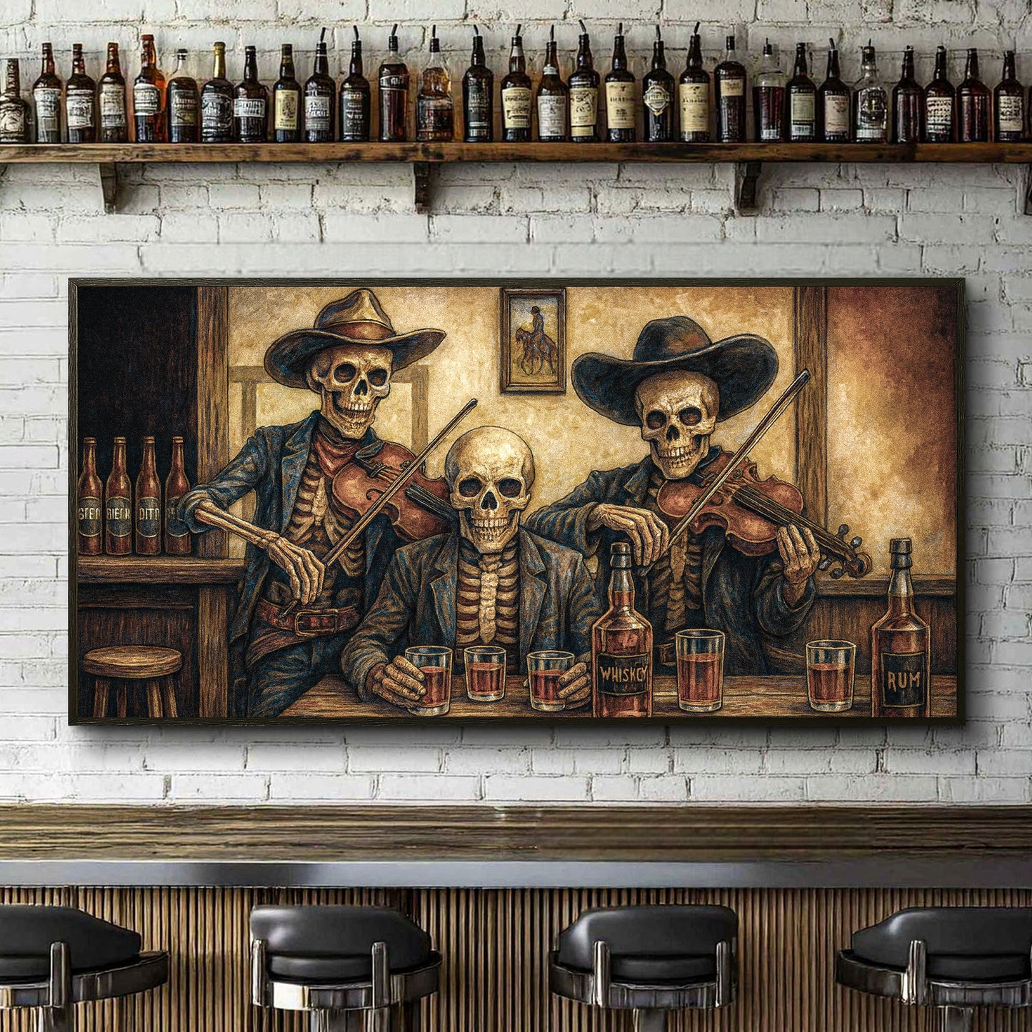 Cowboy skeletons western bar canvas wall art retro humorous saloon scene