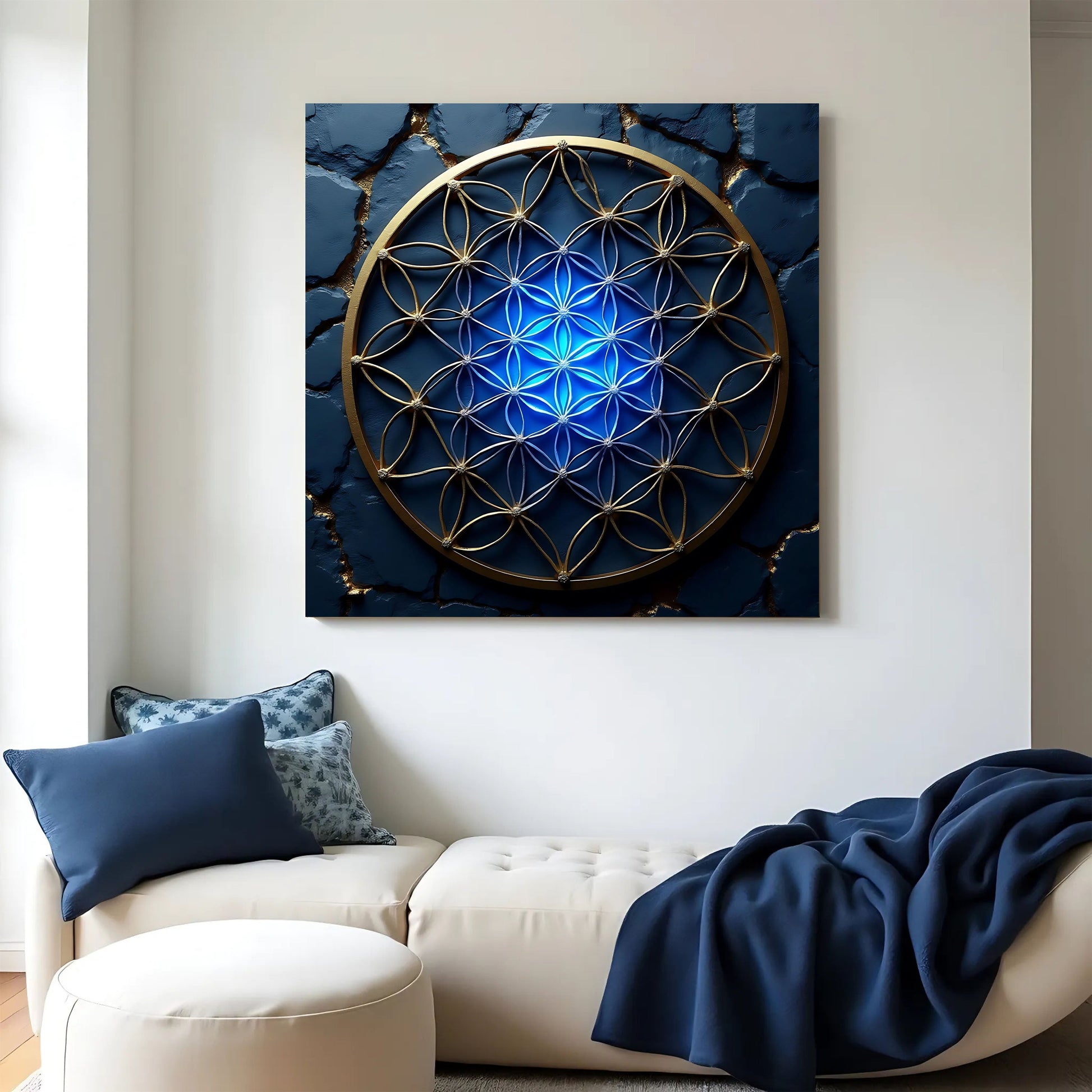 Flower of Life gold geometry canvas wall art on dark background, gallery-wrapped, made in the USA