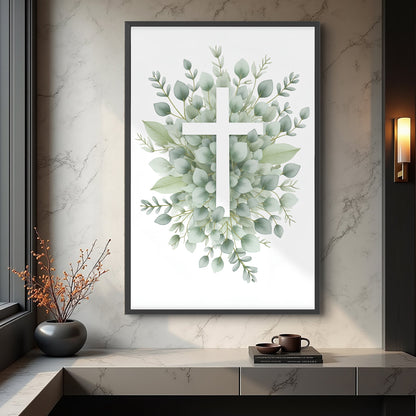 White cross set in a round wreath of green watercolor leaves on a white background, canvas wall art