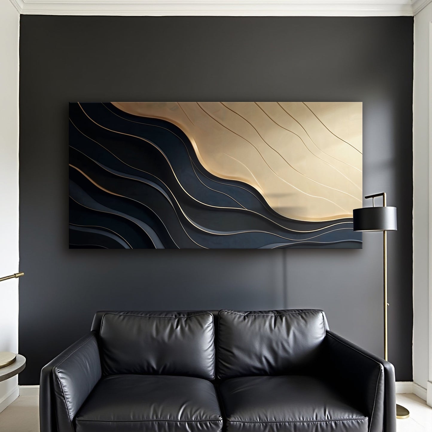 Black and gold minimalist abstract canvas with soft gold accents on dark field