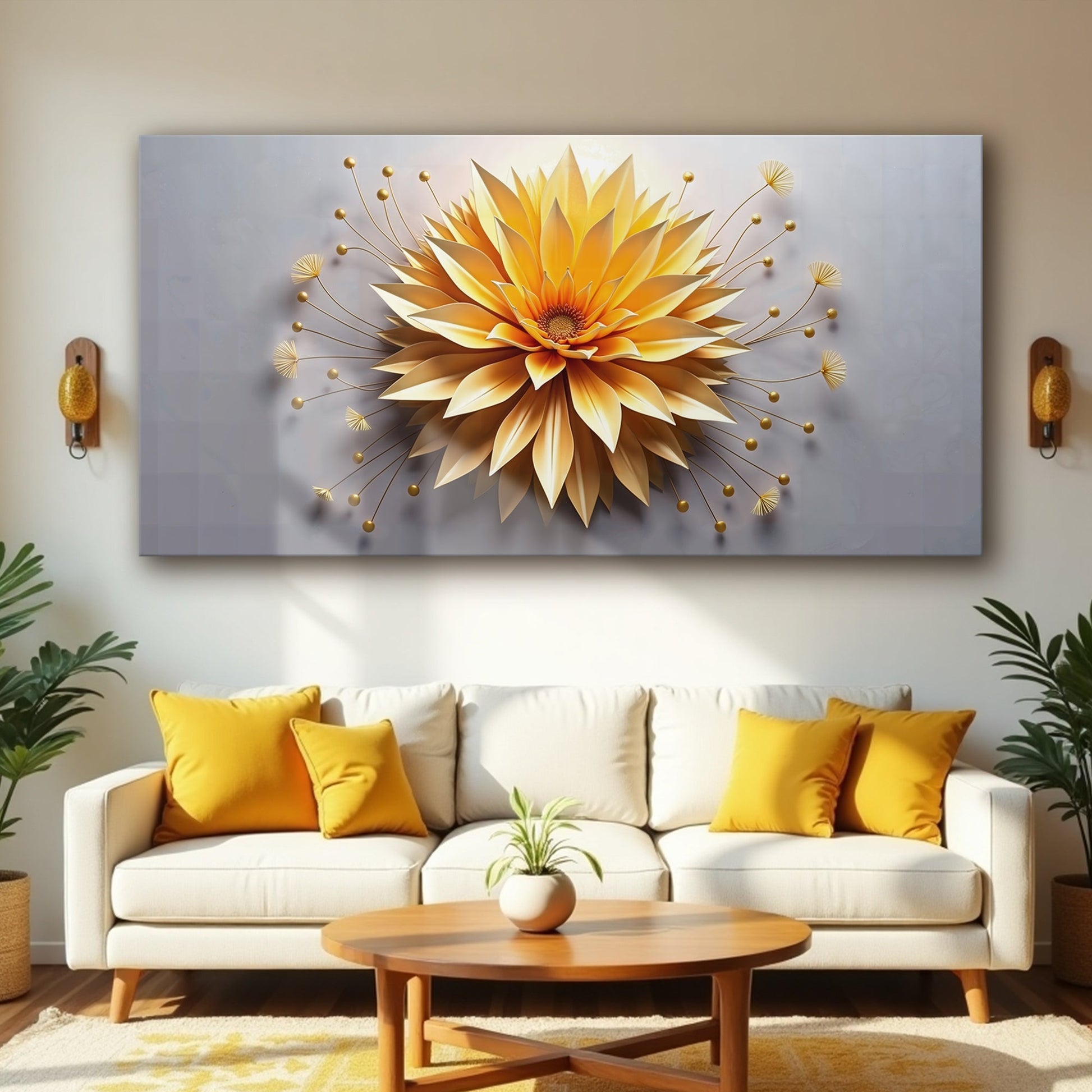 Golden dandelion minimalist abstract canvas wall art with single golden dandelion on clean background