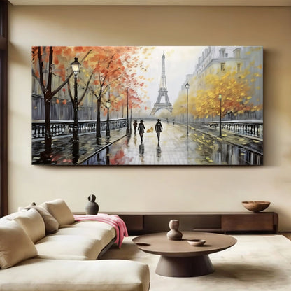 Parisian rain cityscape canvas wall art with a moody romantic feel, ready to hang