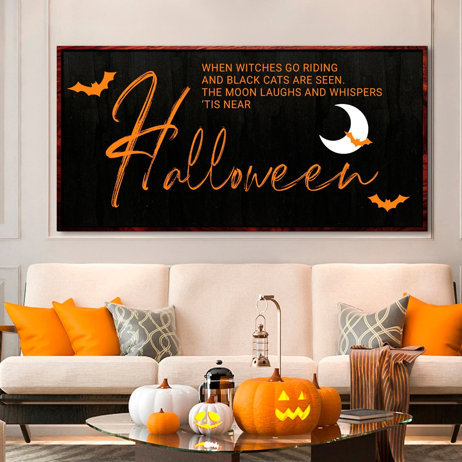 When Witches Halloween canvas wall sign with dark atmospheric seasonal typography