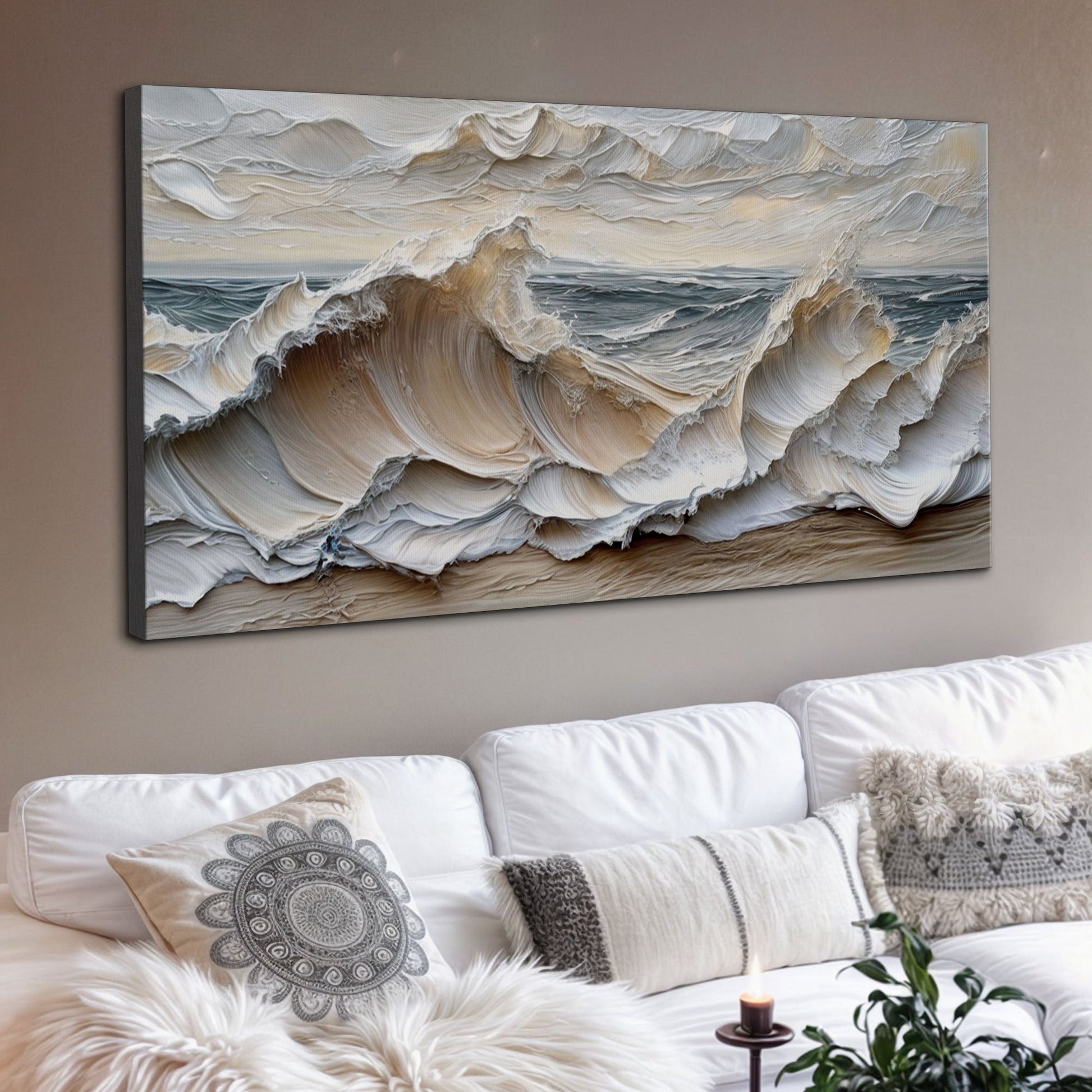 Ocean waves coastal canvas wall art in calm blue tones, ready to hang