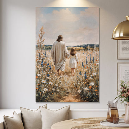 Jesus walking hand in hand with a small child through a wildflower meadow