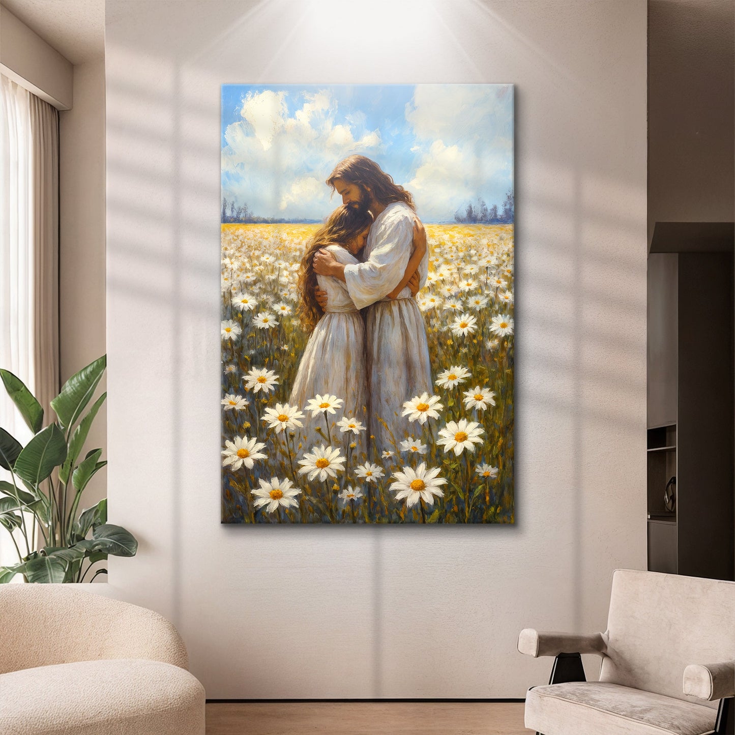 Jesus embracing woman Christian canvas wall art showing divine grace and love