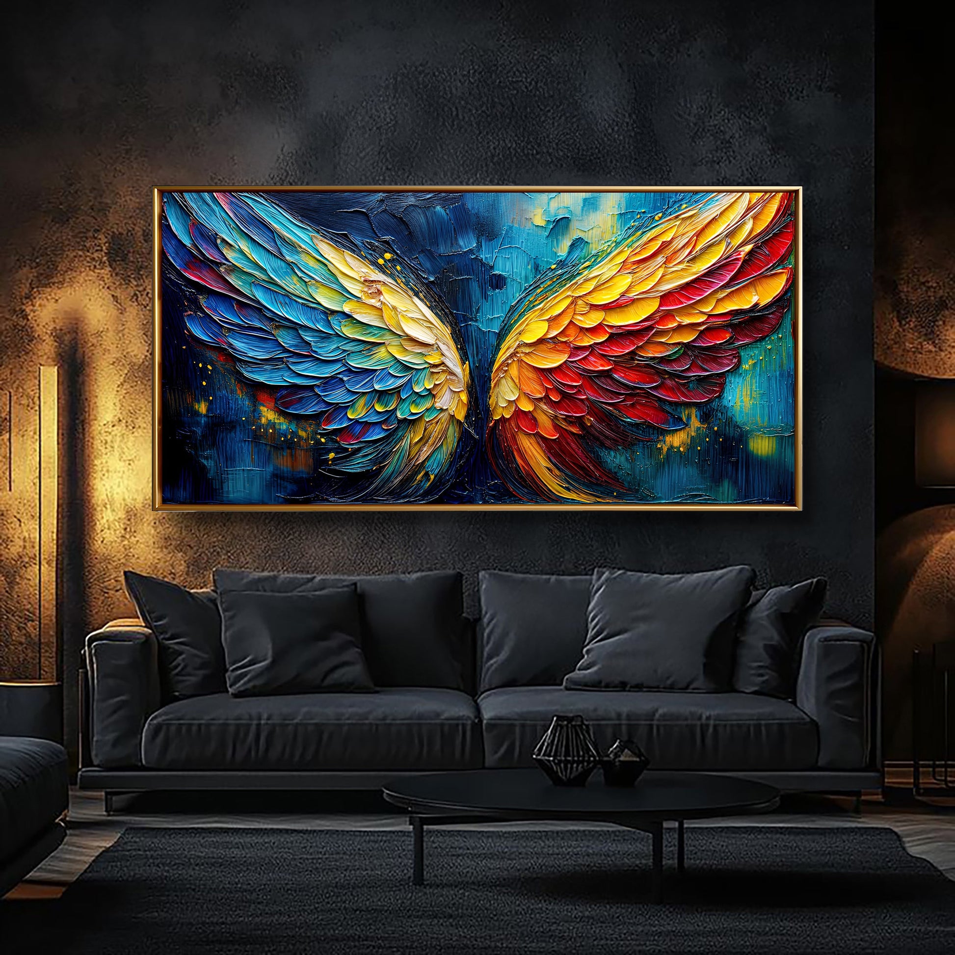 Wings of fire canvas wall art with bold fiery wings, dynamic energy home decor