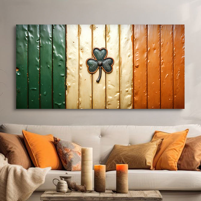 Irish Shamrock Glory Flag canvas wall art with warm vintage rustic Celtic design