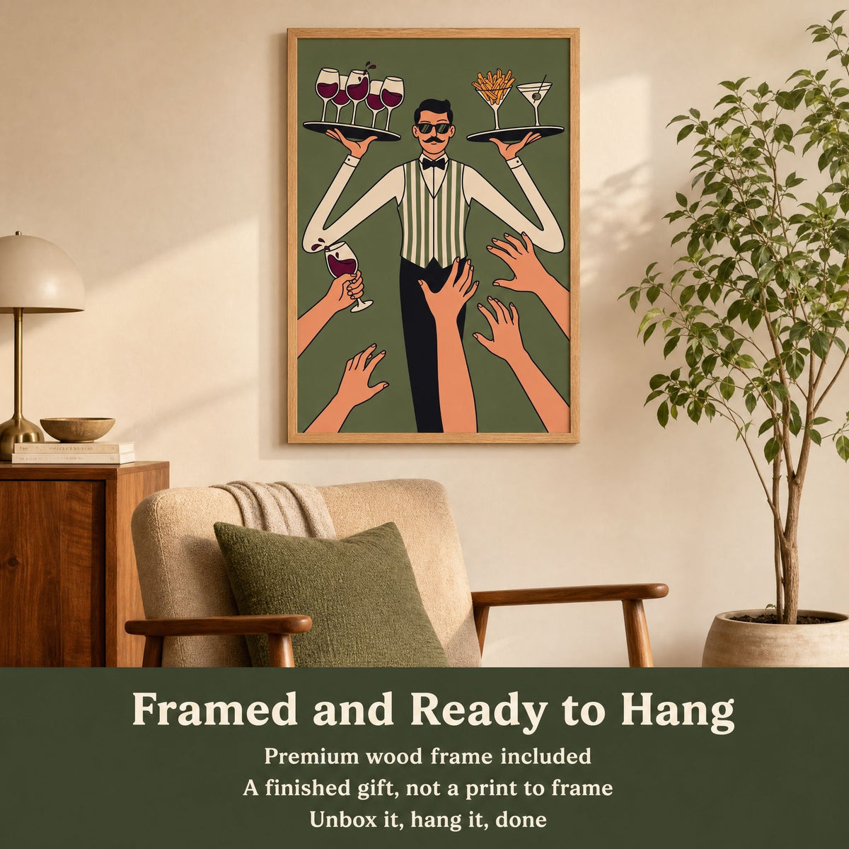 Retro waiter bar art above an armchair, with a band reading framed and ready to hang