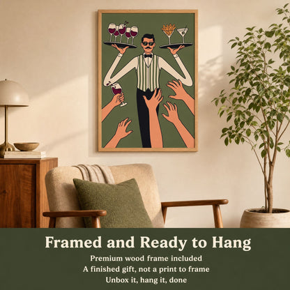 Retro waiter bar art above an armchair, with a band reading framed and ready to hang