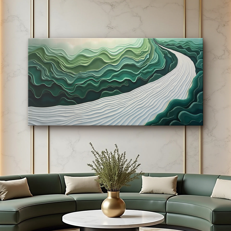 Green rivers abstract canvas wall art with flowing nature-inspired line composition