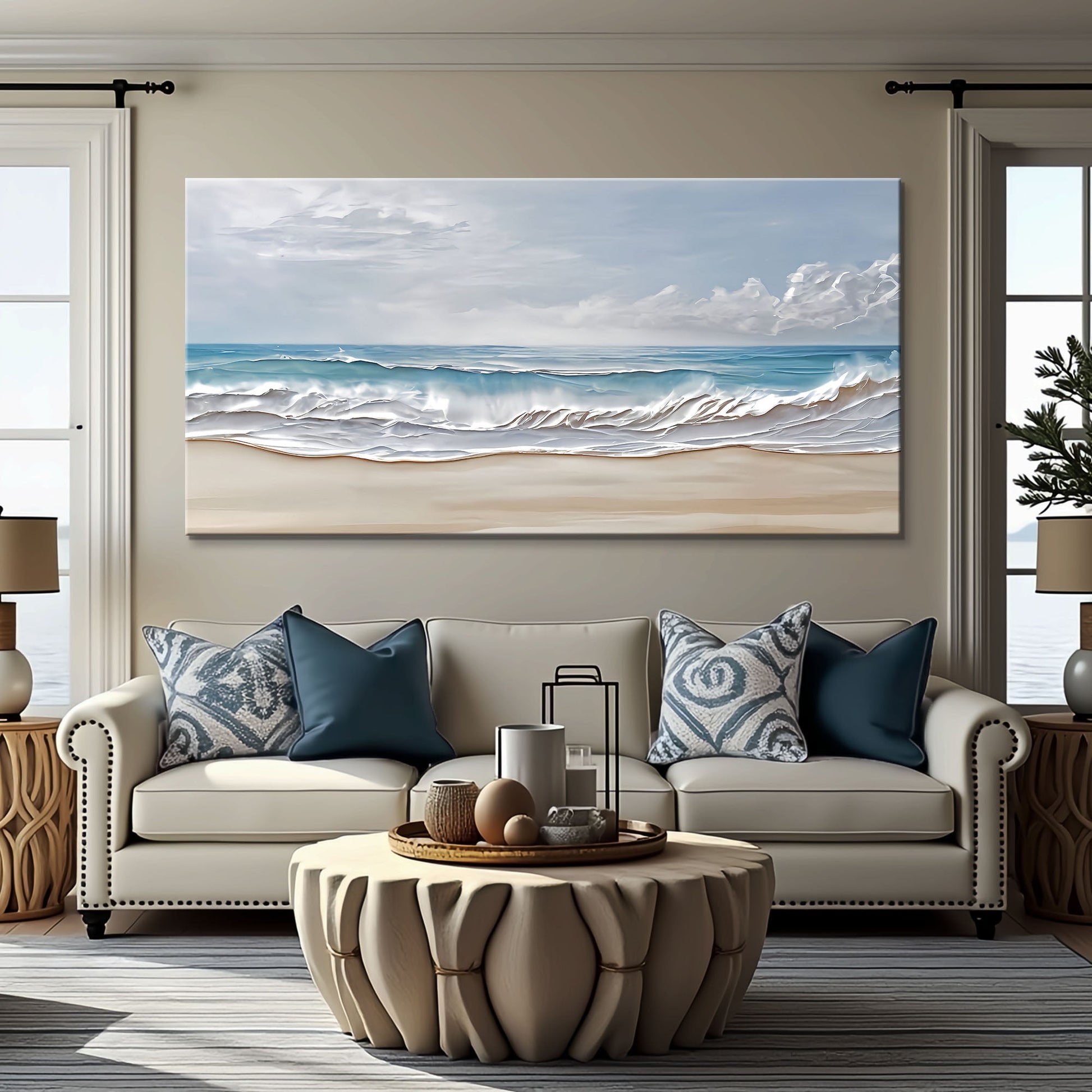 Serene ocean wave canvas wall art in soft coastal blue tones, ready to hang