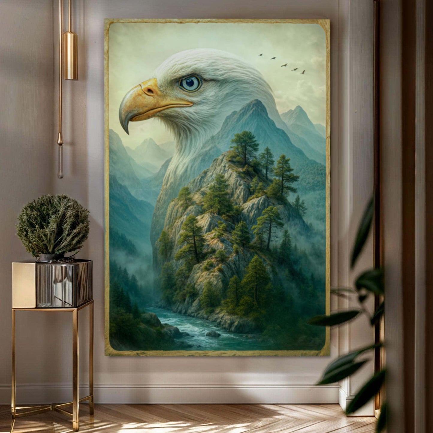 Eagle over canyon double exposure canvas wall art - soaring eagle layered on dramatic landscape