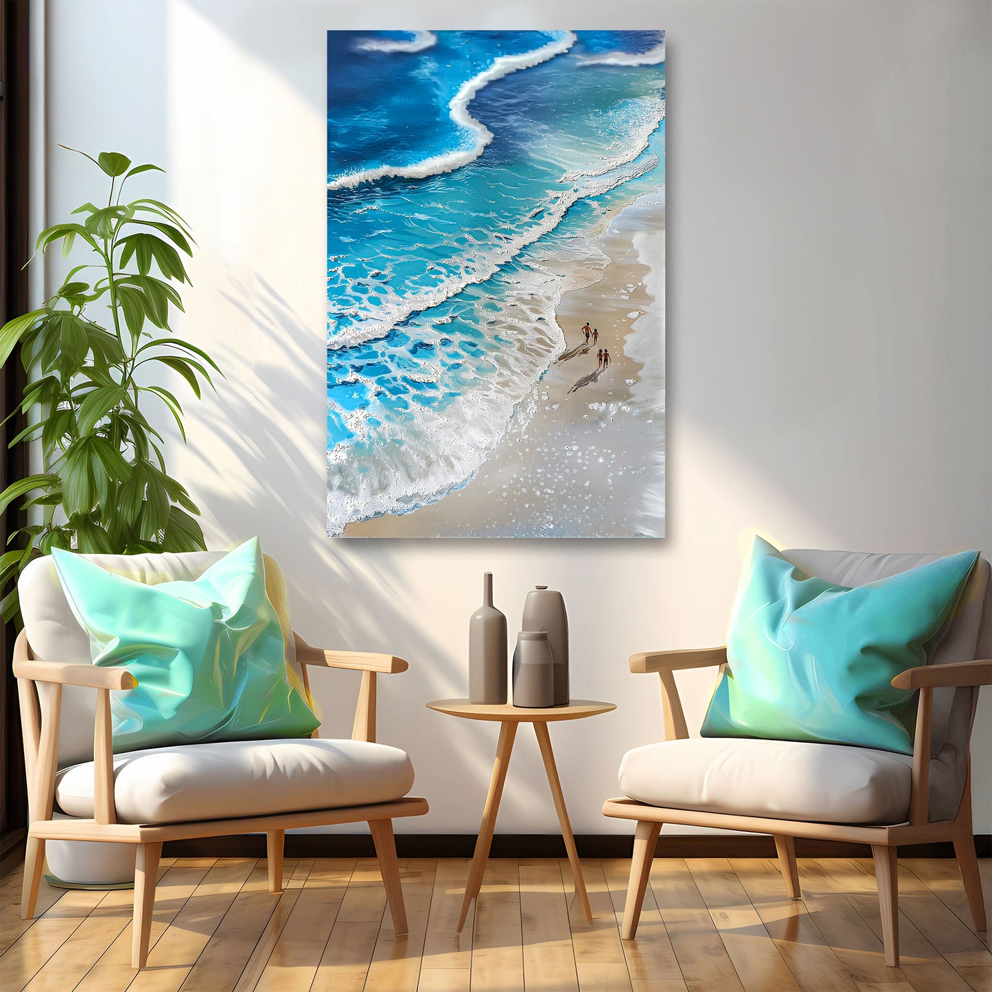 Timeless beachfront coastal painting with sun, sand and sea — canvas wall art
