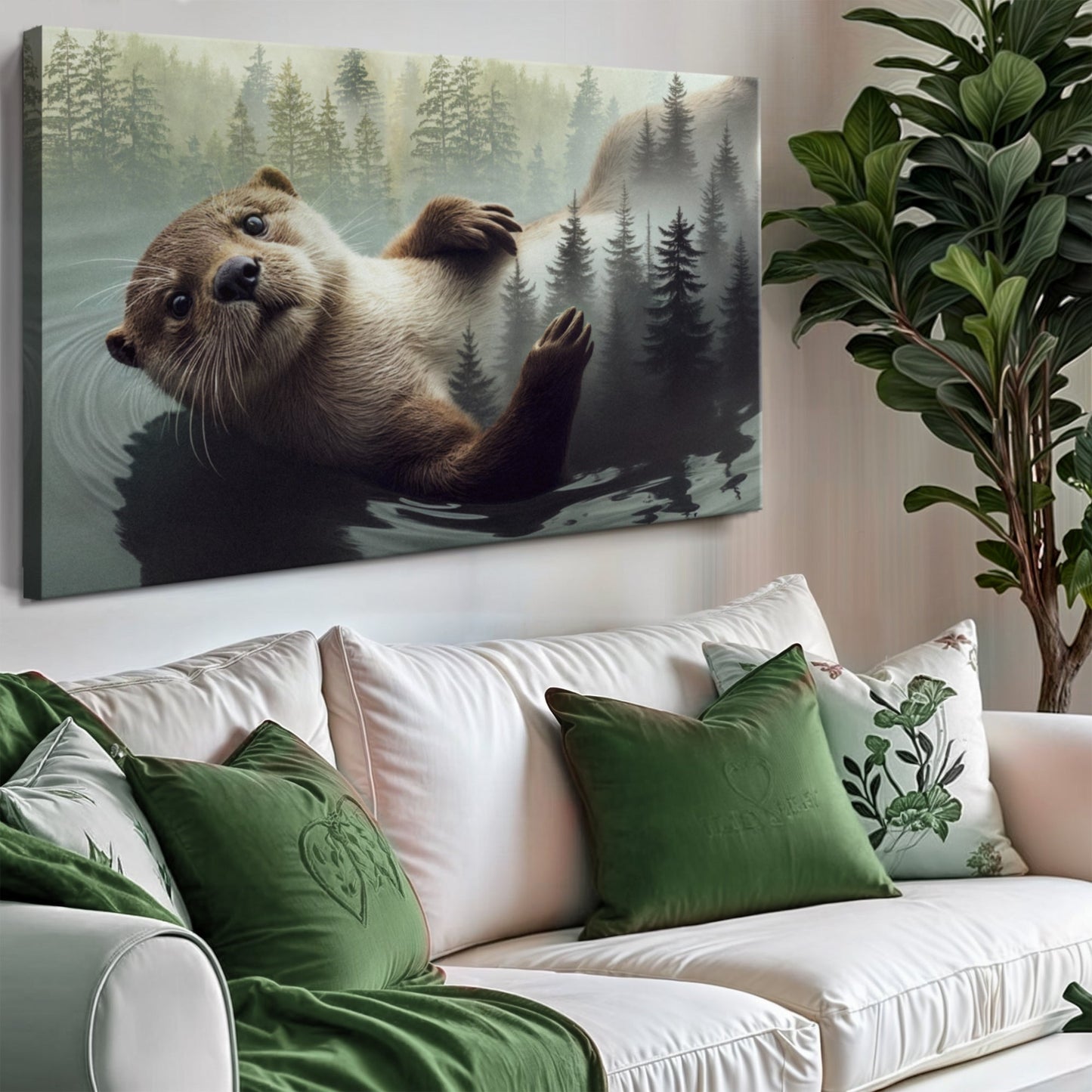 Otter double exposure canvas wall art with natural wildlife scene