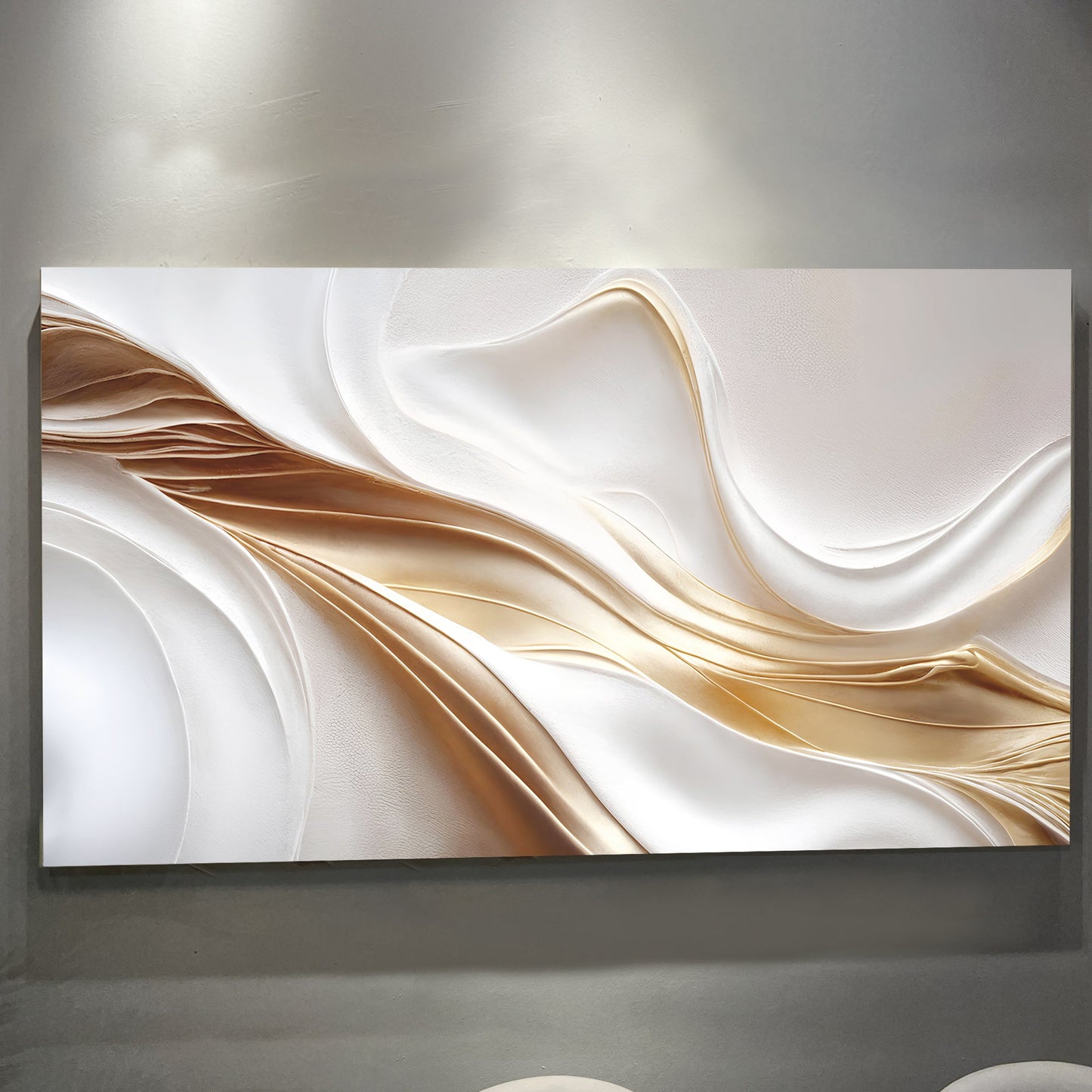 White and gold abstract canvas wall art with warm metallic touches, ready to hang
