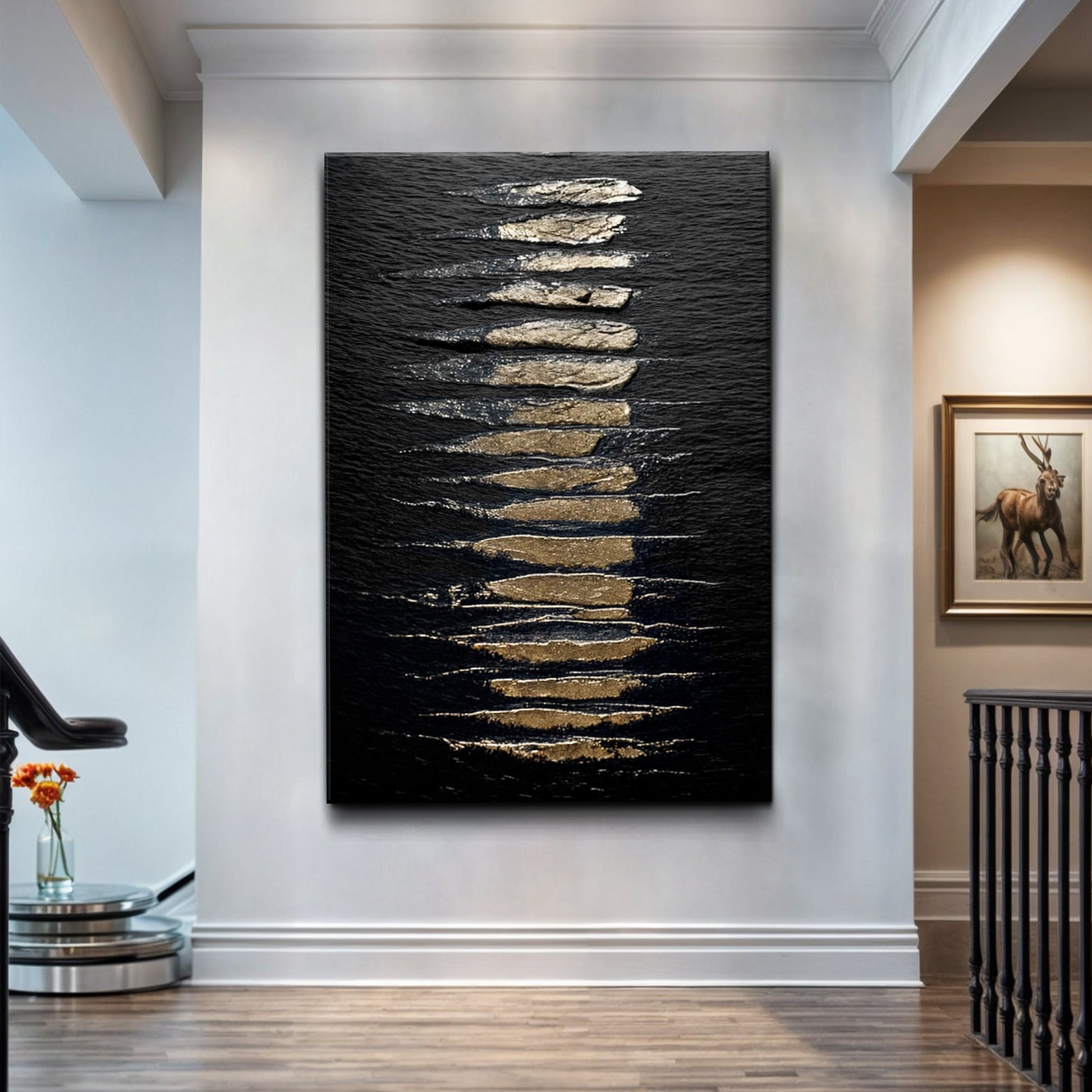 Black and gold abstract minimalist canvas wall art with sleek contrast