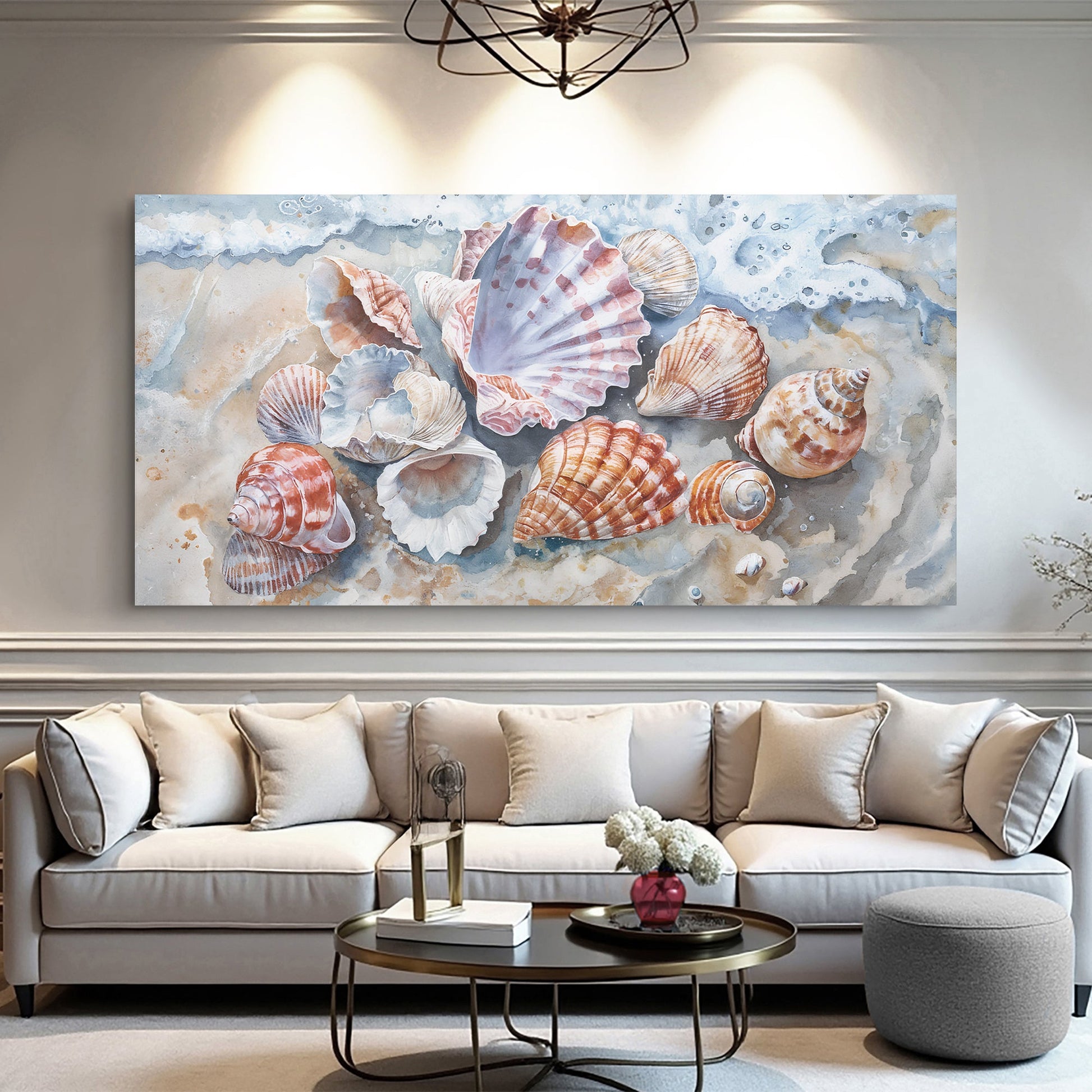 Sea Shells modern coastal canvas wall art with contemporary seashell arrangement on gallery-wrapped canvas