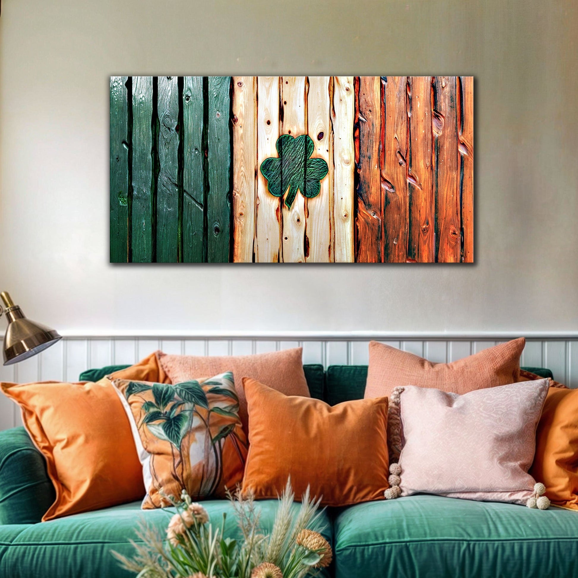 Irish Shamrock Flag vintage canvas wall art with rustic wooden design and shamrock center