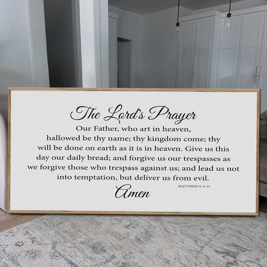 Canvas sign with The Lord's Prayer, Our Father who art in heaven, Matthew 6:9-13, in black serif and script on white