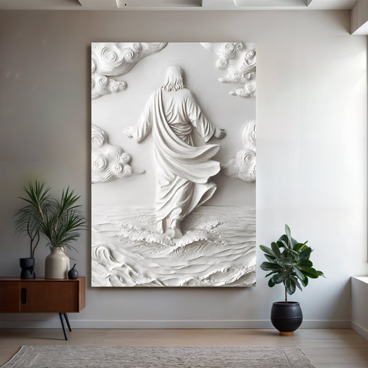 3D minimalist Jesus walking on water canvas wall art