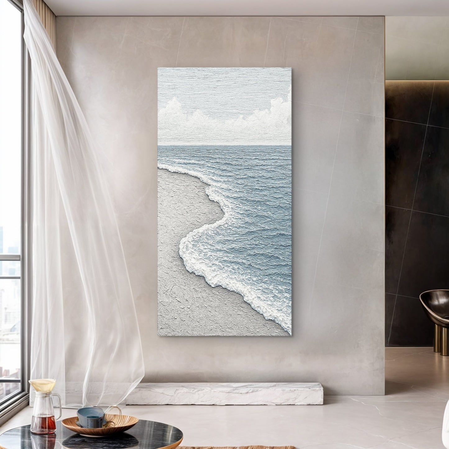 White waves abstract canvas wall art with flowing coastal-inspired forms