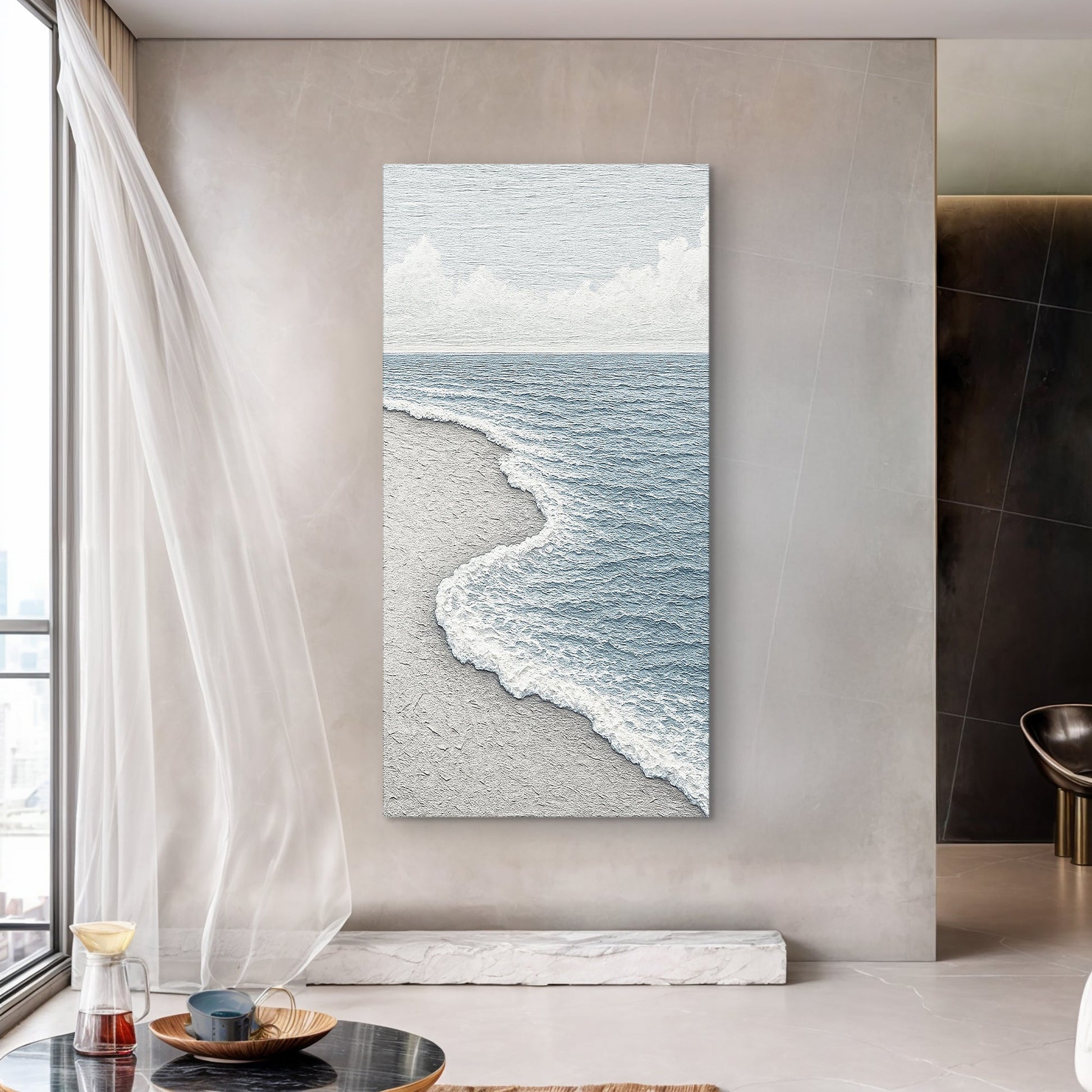 White waves abstract canvas wall art with flowing coastal-inspired forms