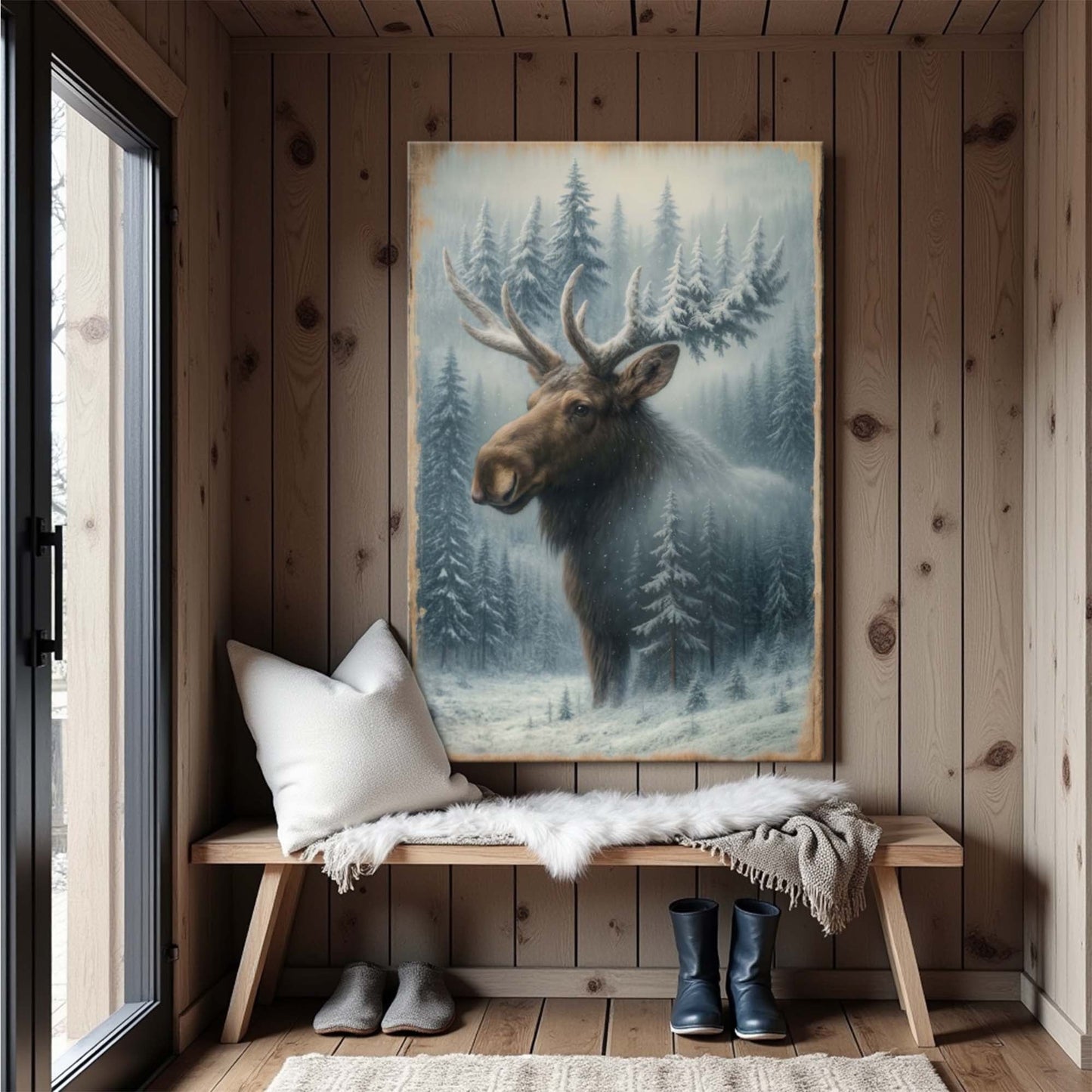 Snowy forest moose double exposure canvas wall art nature wildlife art
