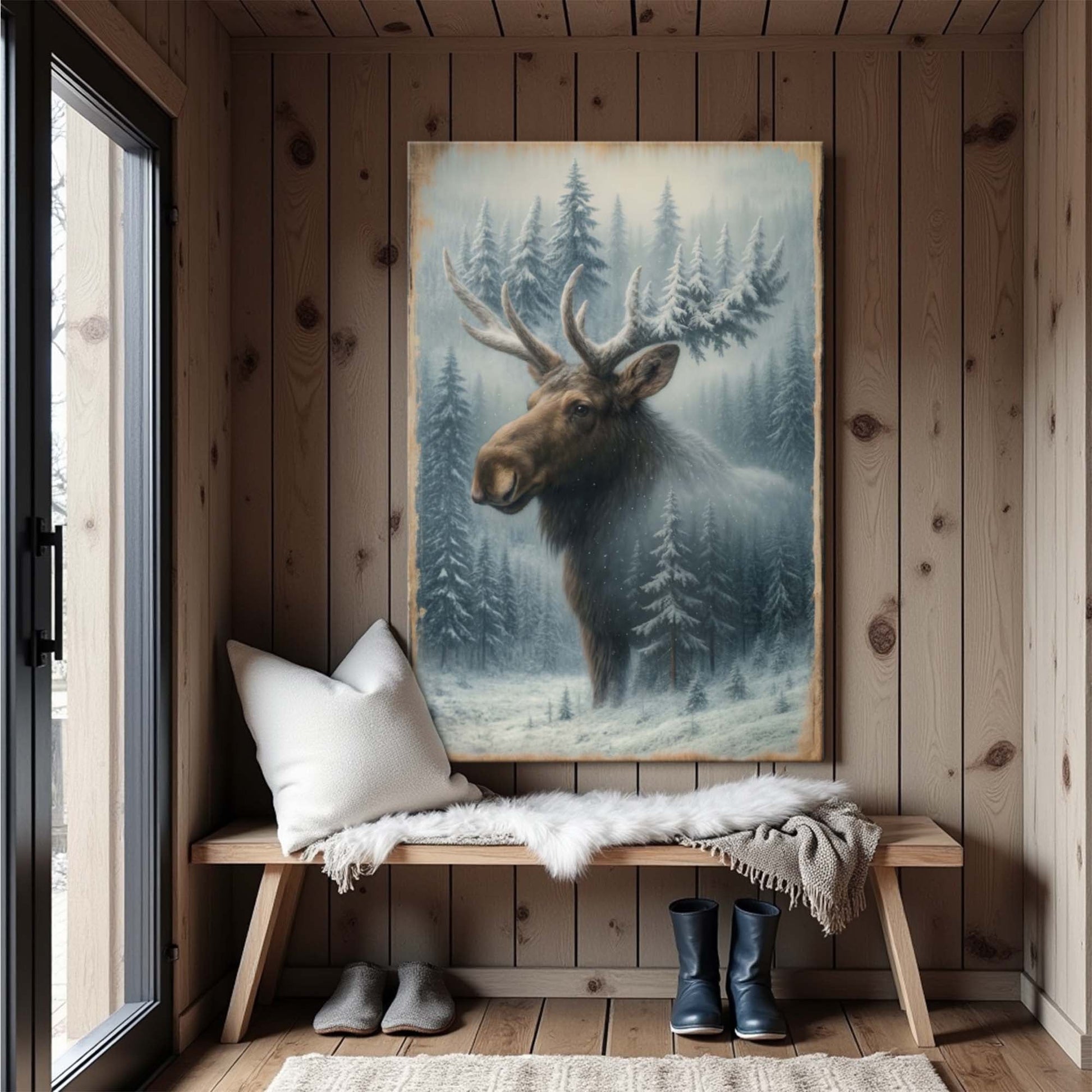 Snowy forest moose double exposure canvas wall art nature wildlife art