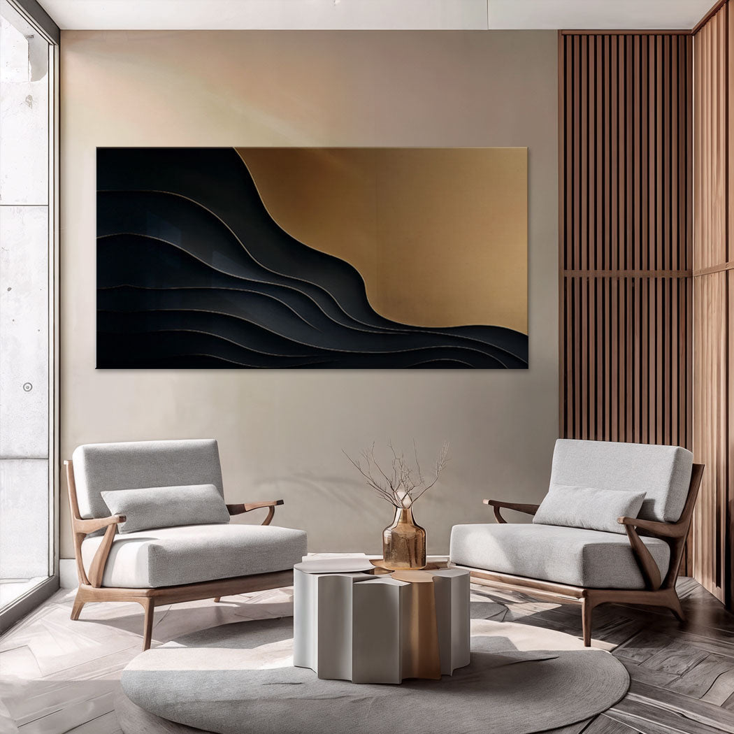 Wide black and gold abstract canvas wall art — dramatic minimalist focal piece
