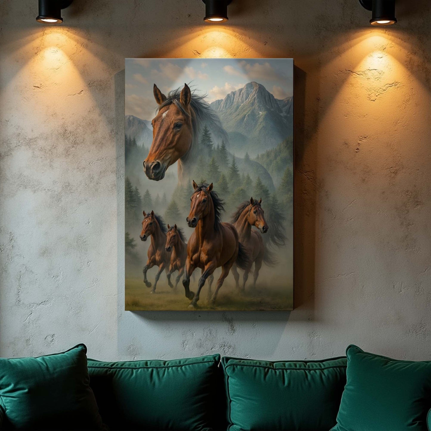 Galloping horse double exposure canvas wall art with landscape, gallery-wrapped, ready to hang