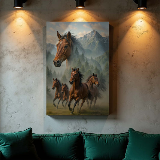Galloping horse double exposure canvas wall art with landscape, gallery-wrapped, ready to hang