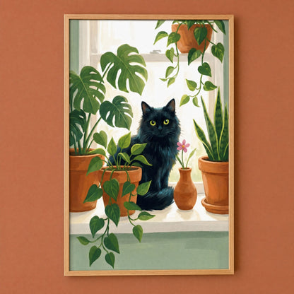 Botanical wall art with a black cat and monstera in a natural wood frame on a deep terracotta wall