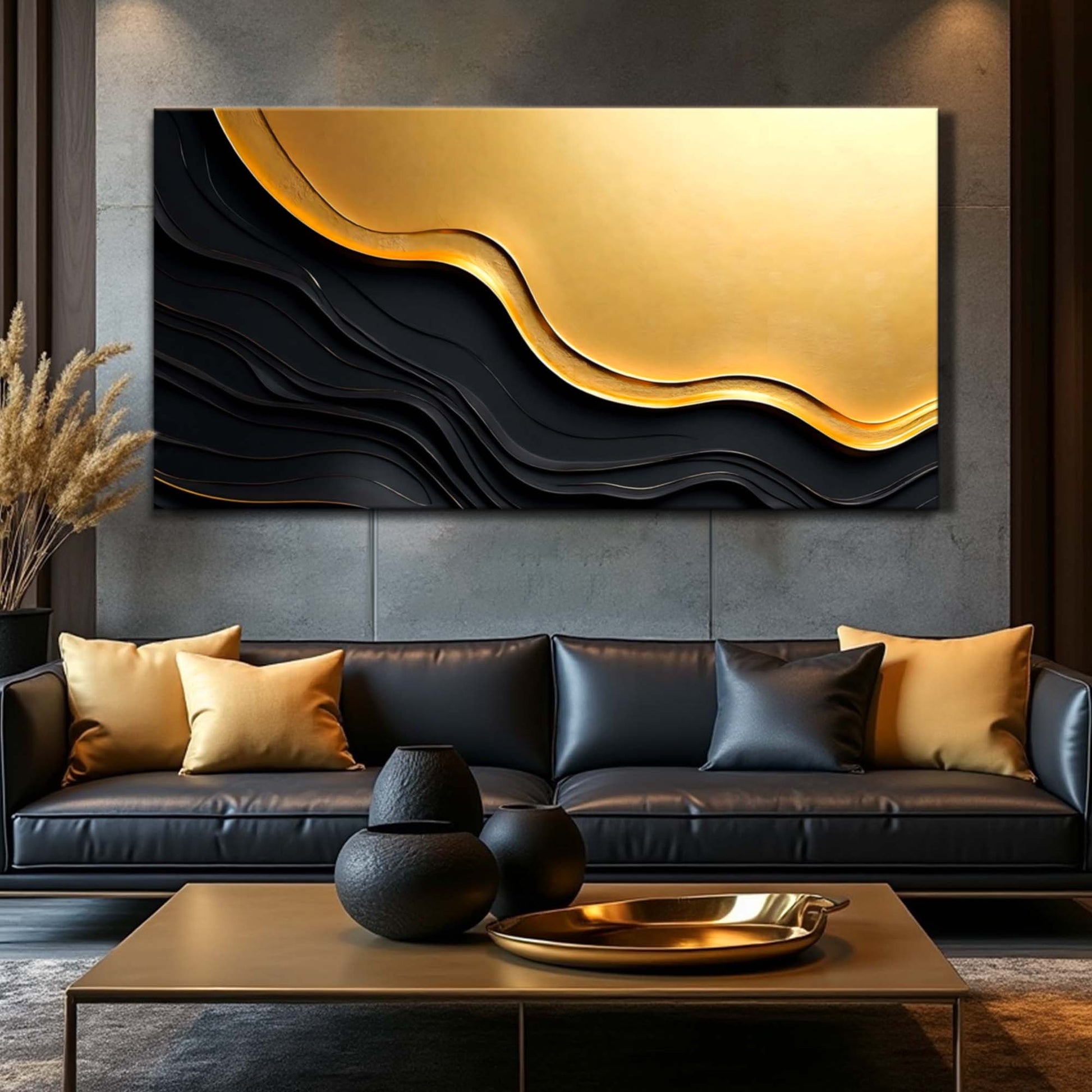 Wide black and gold minimalist abstract canvas wall art — panoramic format