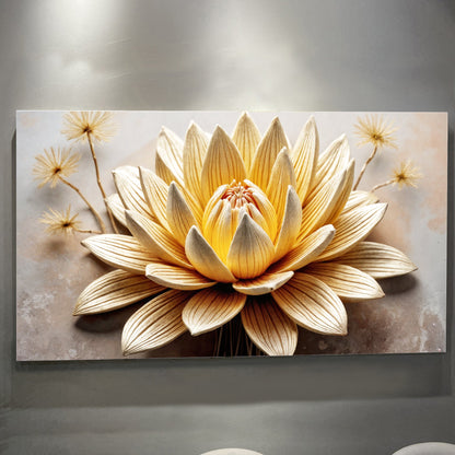 Golden lotus minimalist abstract canvas wall art in warm gold tones, ready to hang