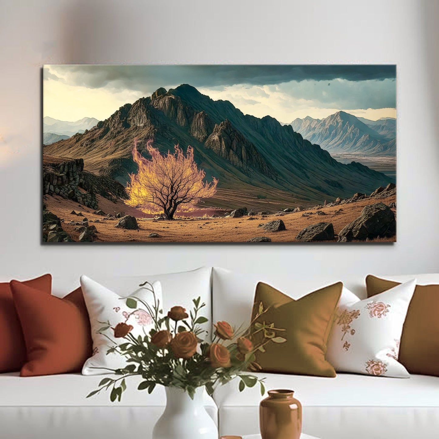 Burning bush faith canvas print with deep warm glow for Christian wall decor