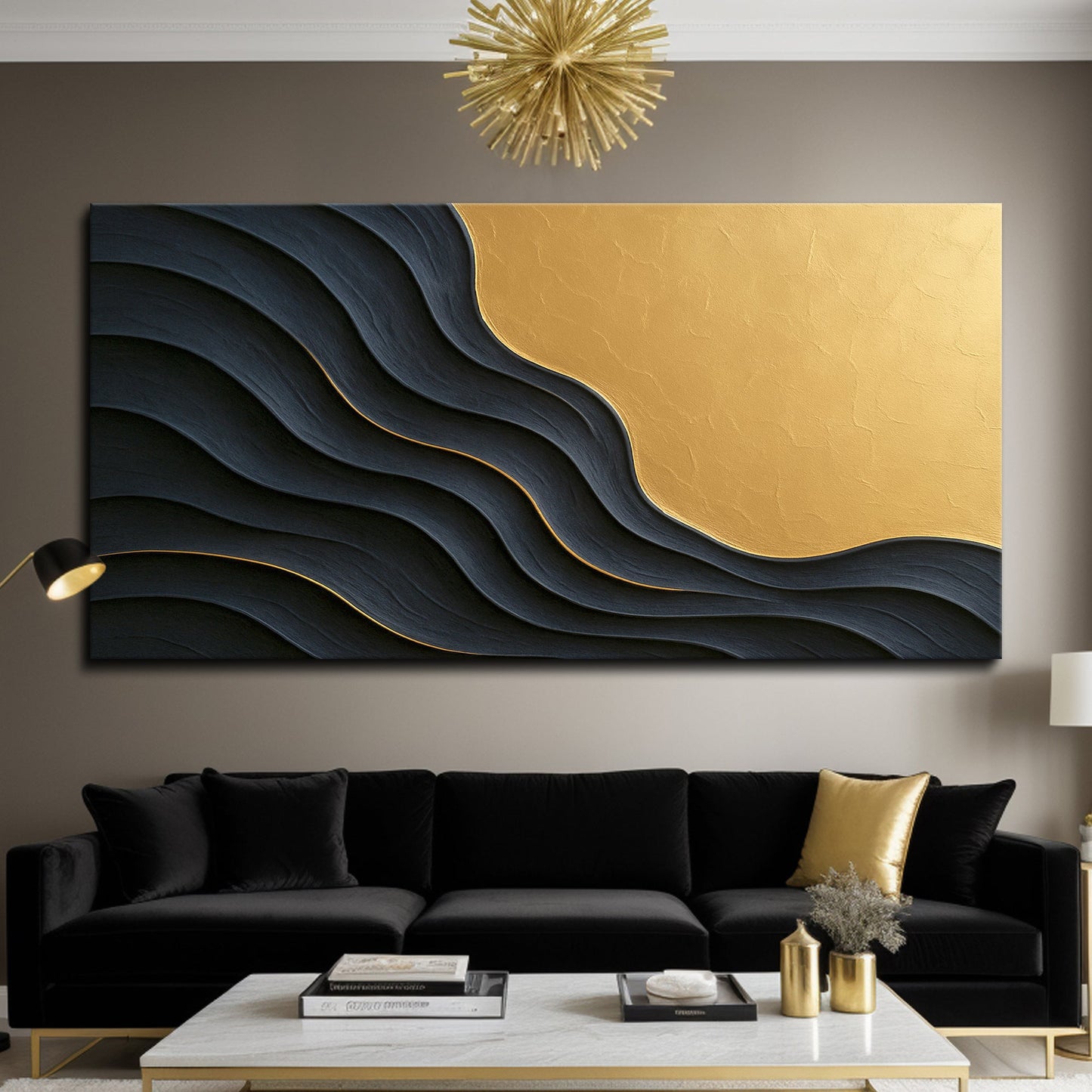 Black and gold minimalist abstract canvas wall art with elegant flowing forms