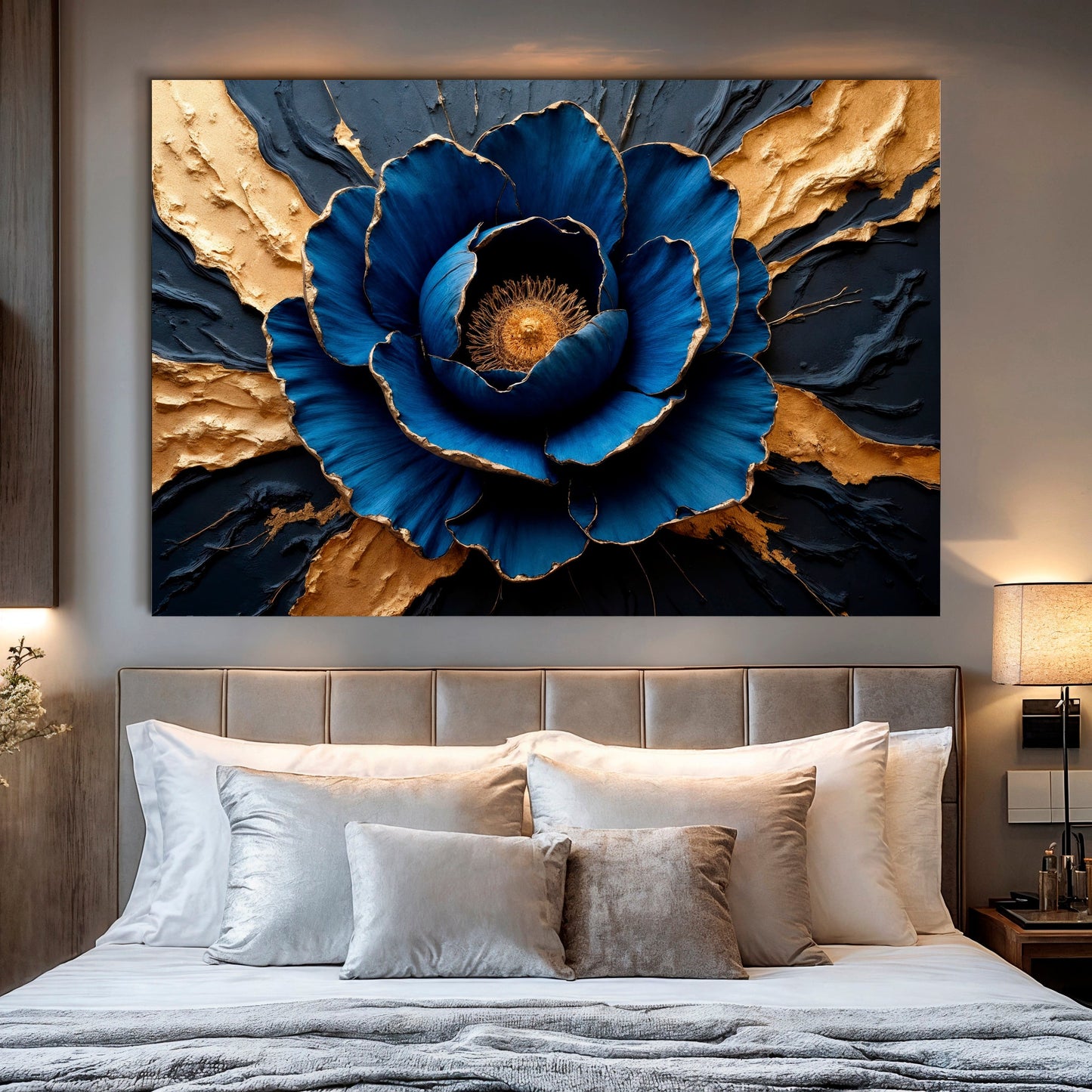 Sapphire Bloom floral canvas wall art with deep blue jewel-toned botanical flower composition