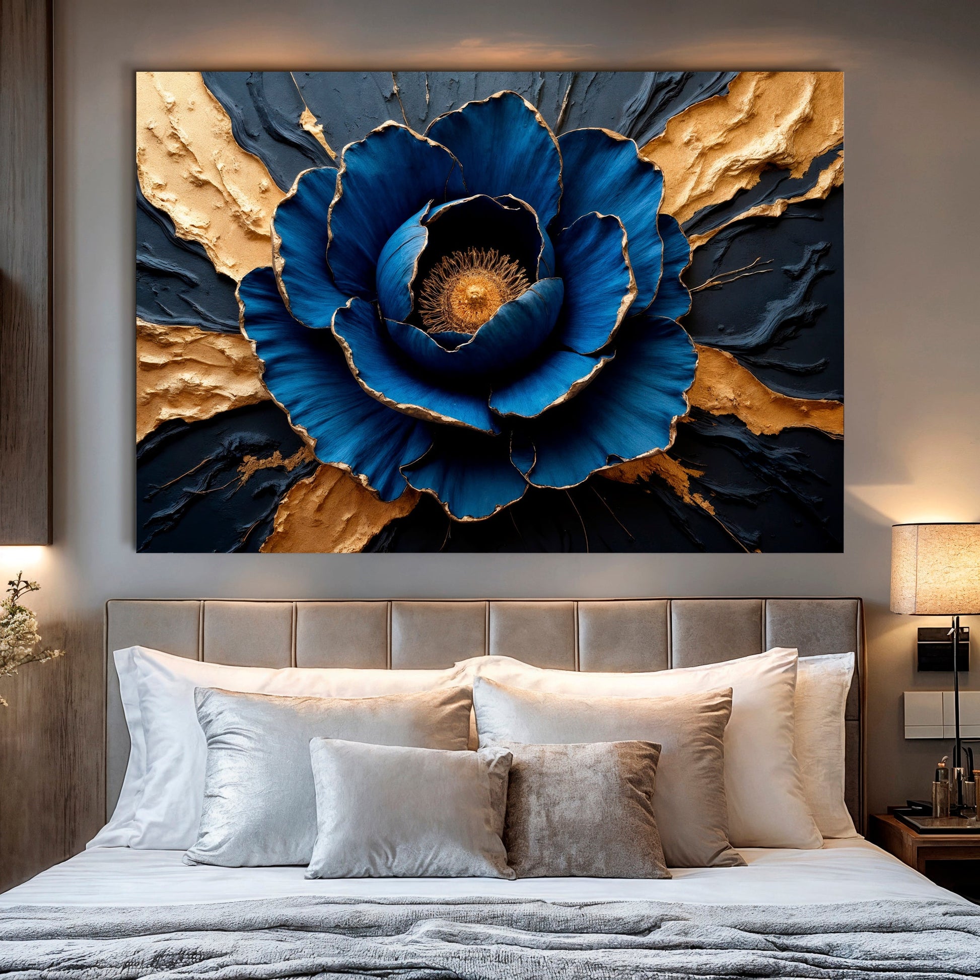 Sapphire Bloom floral canvas wall art with deep blue jewel-toned botanical flower composition