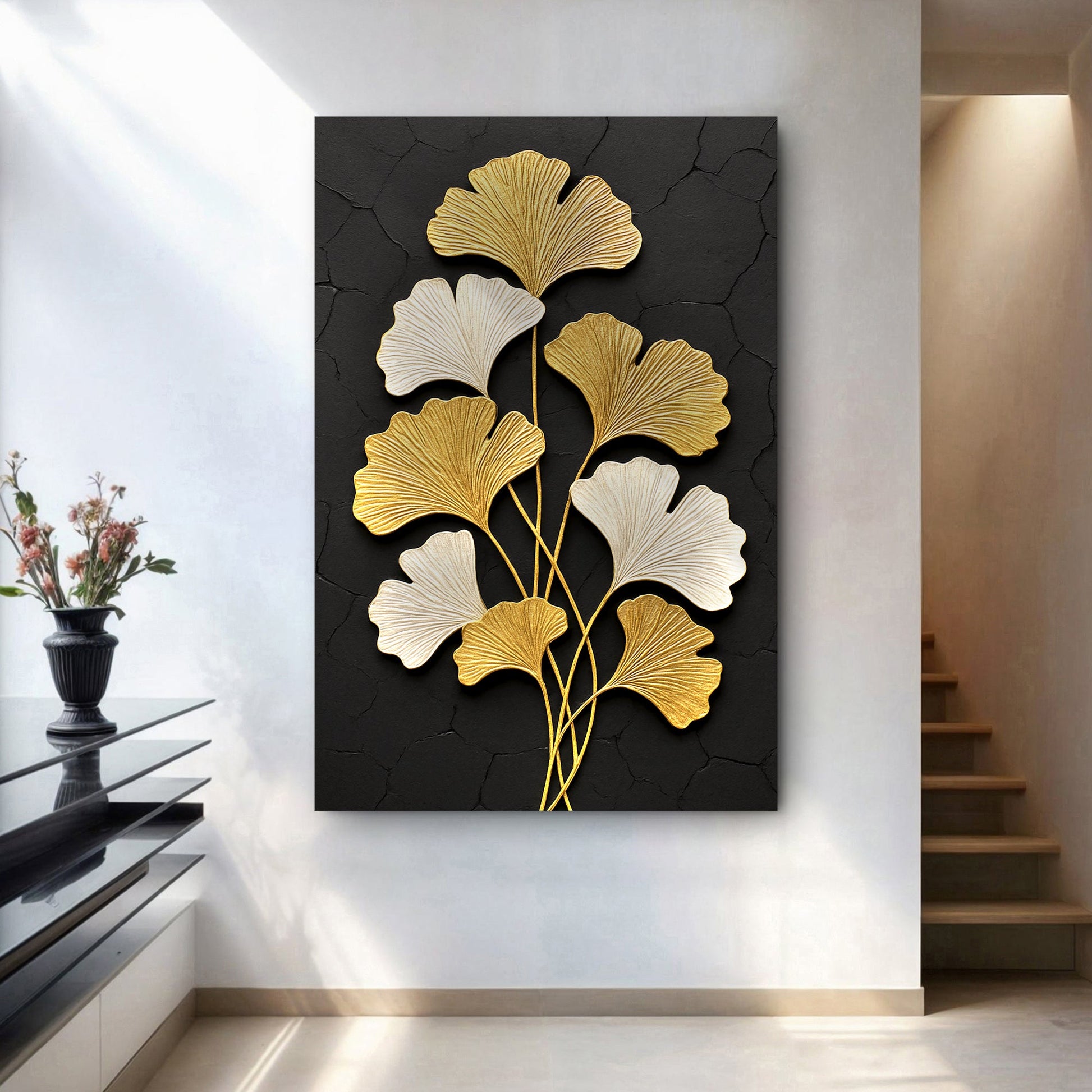 Golden ginkgo botanical canvas wall art with delicate ginkgo leaves in warm gold tones
