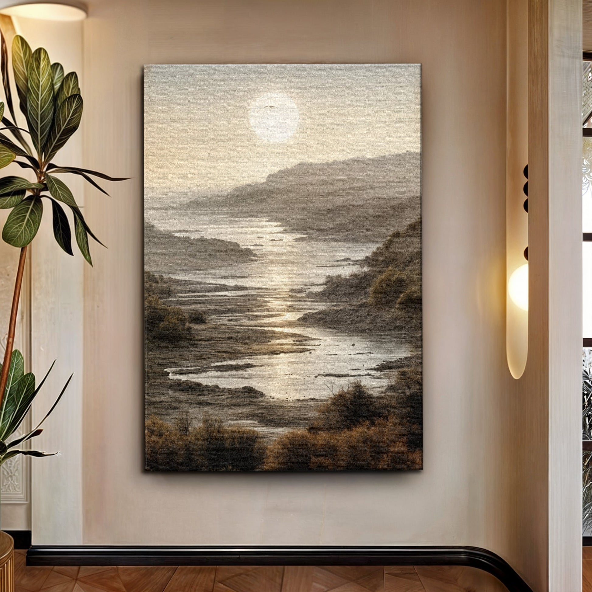 Misty coastal shore impasto canvas wall art with painterly texture and soft sea palette