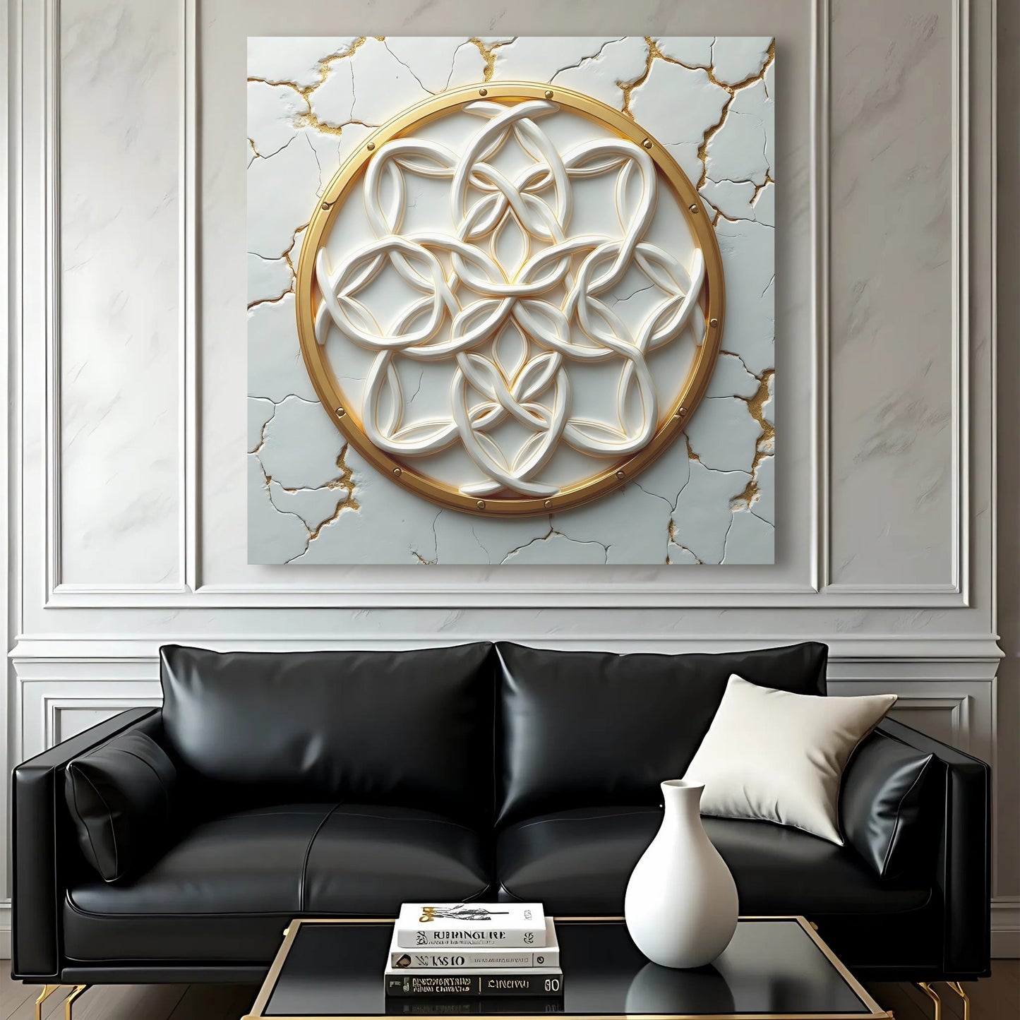 Flower of Life 3D sacred geometry gold canvas art, dark background, ready to hang
