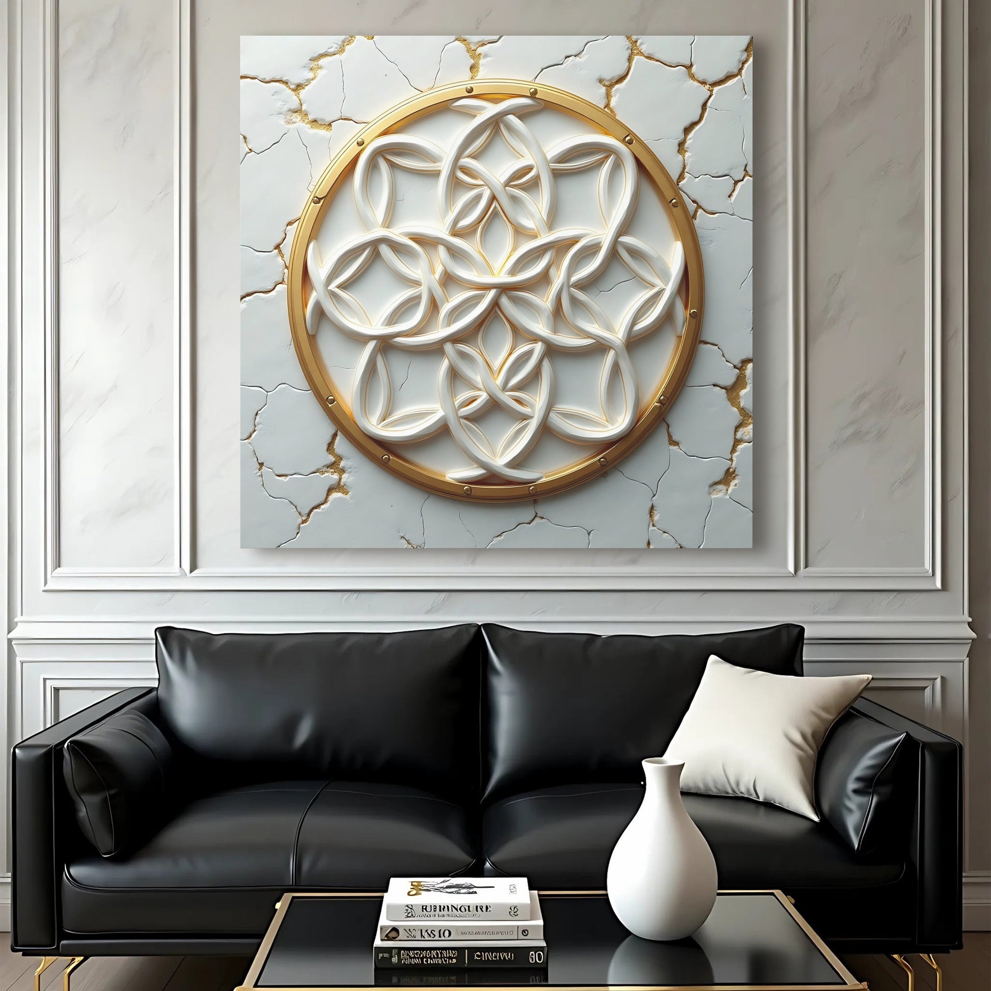 Flower of Life 3D sacred geometry gold canvas art, dark background, ready to hang
