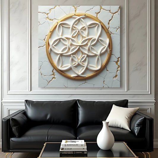 Flower of Life 3D sacred geometry gold canvas art, dark background, ready to hang