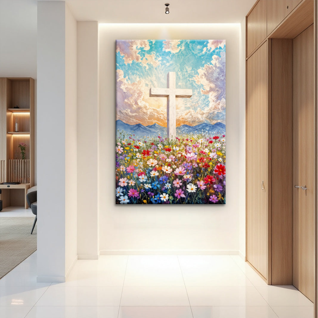 Cross floral field faith canvas wall art II Christian floral decor