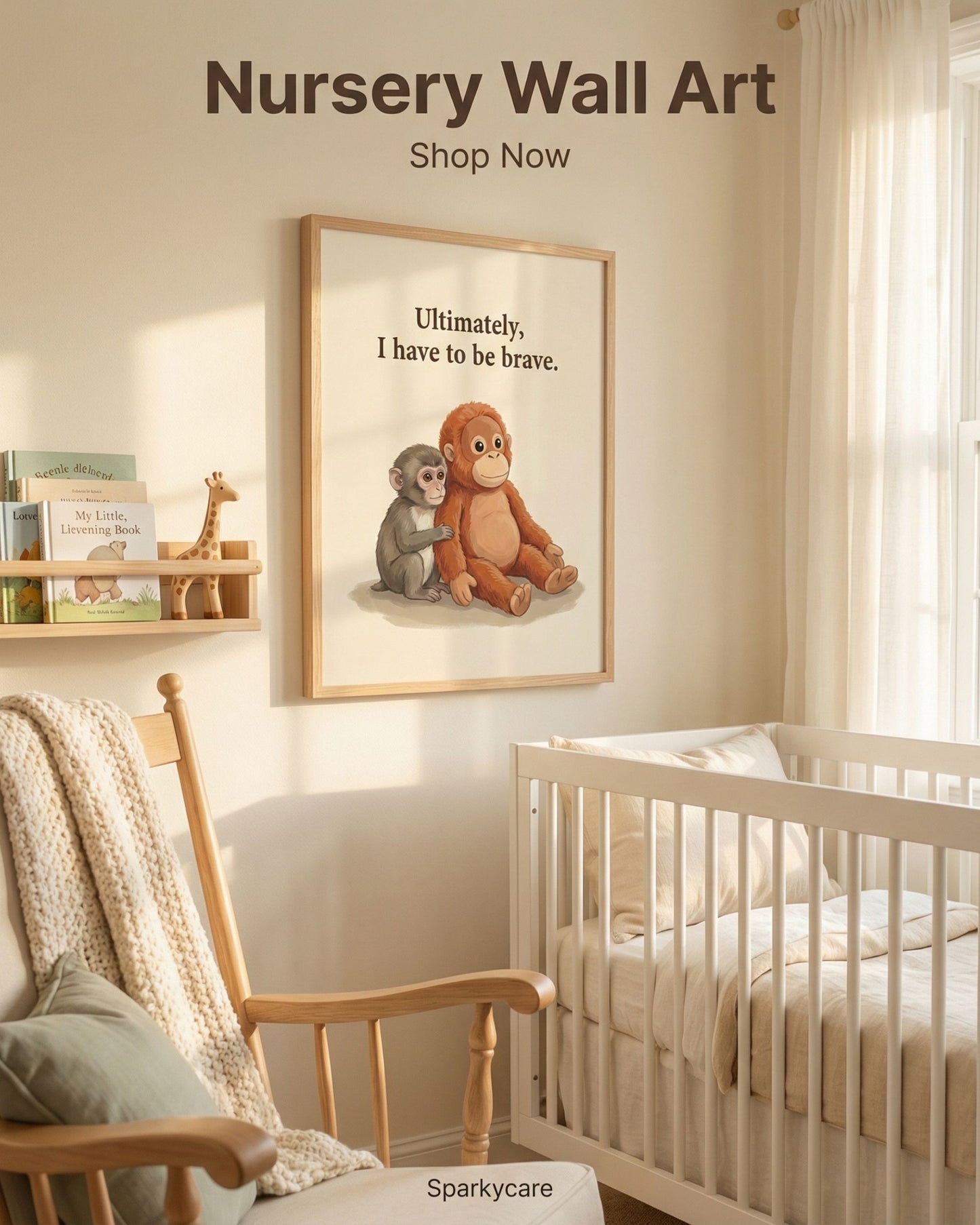 Nursery room with a framed artwork of two monkeys and text, a crib, and a chair.