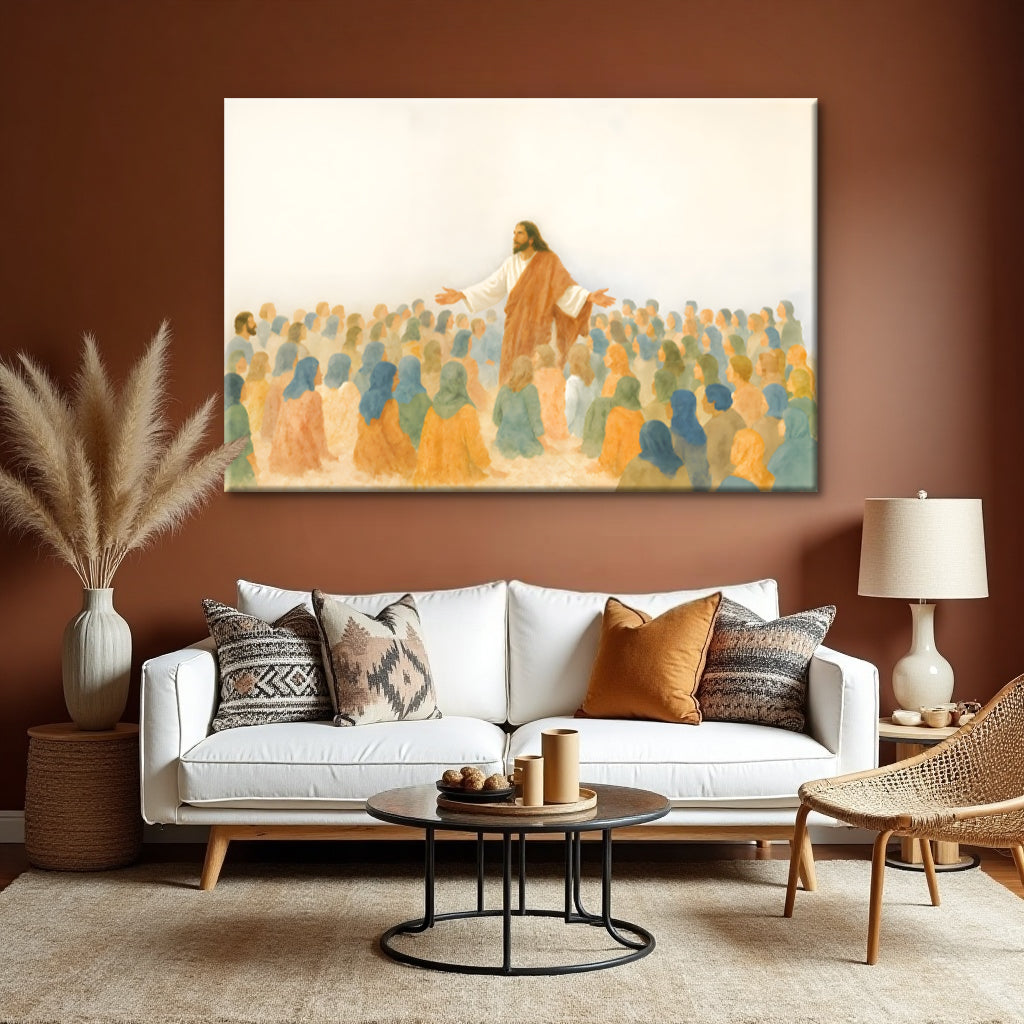 Jesus speaking to crowd faith canvas wall art panoramic biblical scene