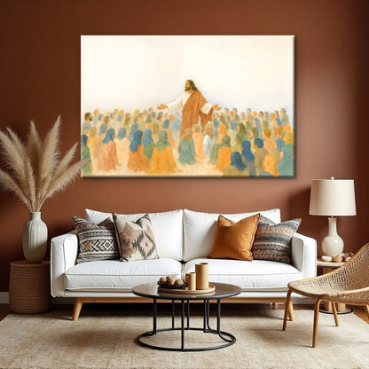 Jesus speaking to crowd faith canvas wall art panoramic biblical scene