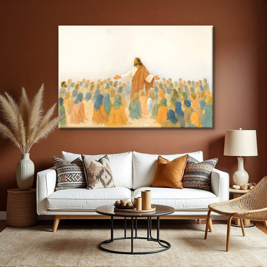 Jesus speaking to crowd faith canvas wall art panoramic biblical scene